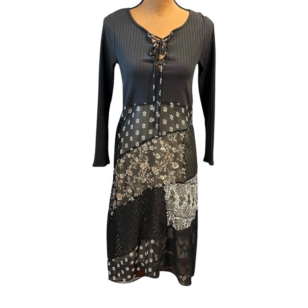 Anthropologie Maeve Patchwork Mixed Media Whimsigoth lace up dark academia dress